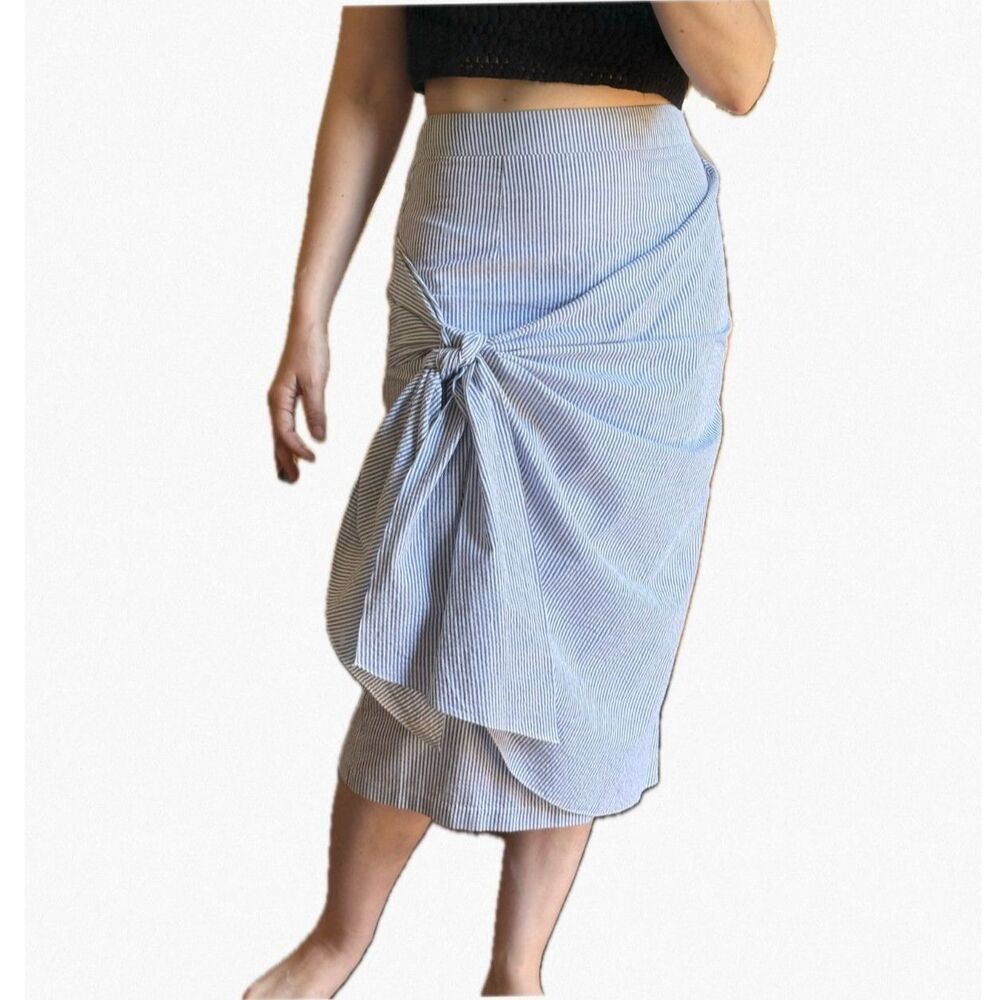 Blue Cotton Pinstripe Pencil Skirt S 4 Boutique Wrap Sarong Midi Bow Tie Summer - Picture 2 of 10